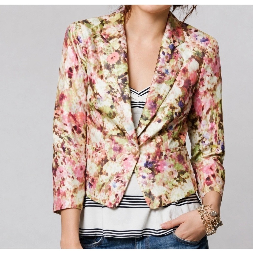 Leifsdottir Anthropologie Floral Shimmer Blazer Pink Green Gold Size 10 NWT